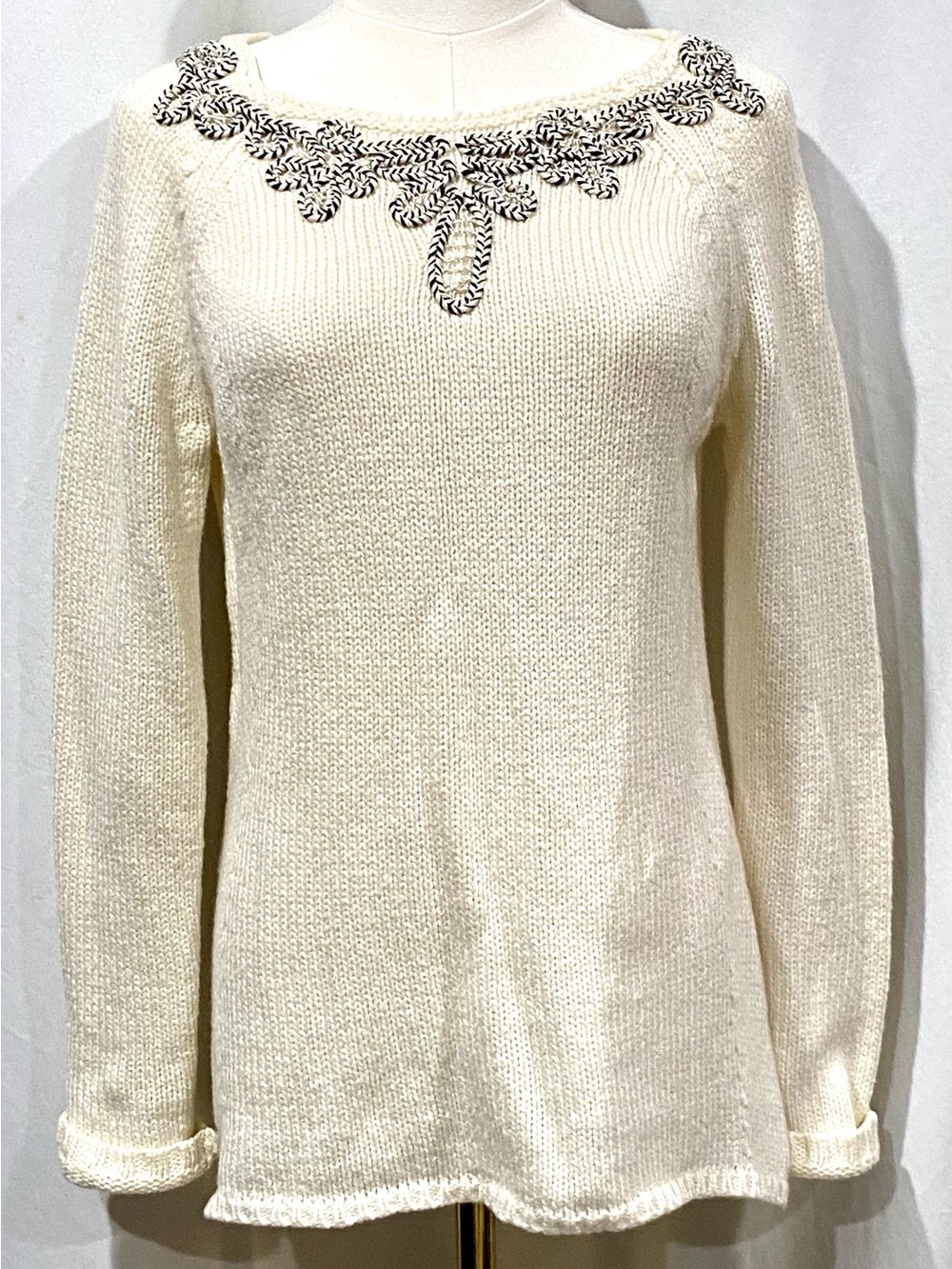 Anthropologie Cream Crewneck Sweater with Black Embellished Neck